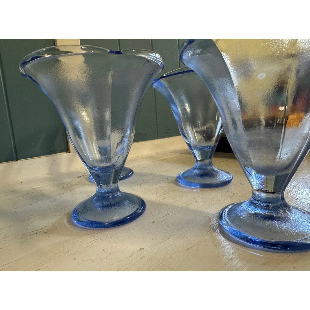 Vintage Frosted Light Blue Glass Sundae Dishes Cobalt Blue Rim Set of 4 Footed